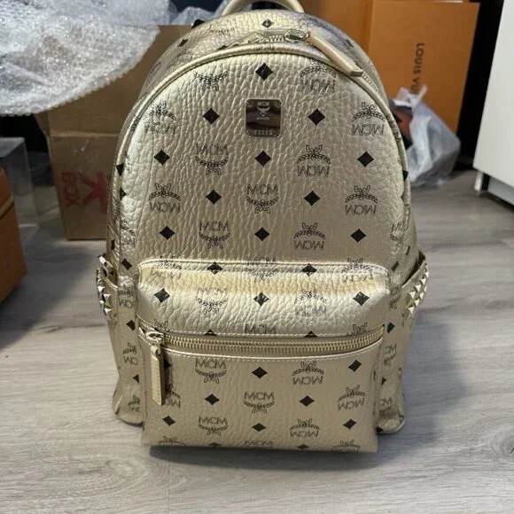 Medium MCM backpack with gold studs MCM Stark Backpack Visetos M Studs - Medium - Cognac | eBay main image 4